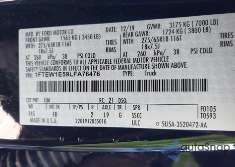 2020 Ford F-150 Xlt из США, поврежденный, VIN 1FTEW1E59LFA76476